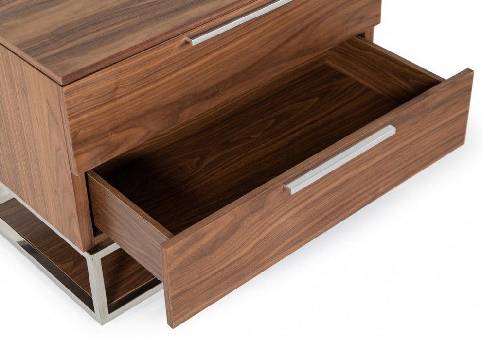 Contemporary Walnut and stainless steel accent nightstand with two drawers, modern bedroom furniture by HomeRoots.