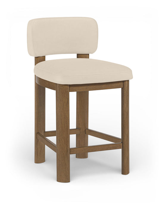 Set of 2 Meridian Furniture Paloma faux leather upholstered counter stools with brown frames, featuring sleek modern design.