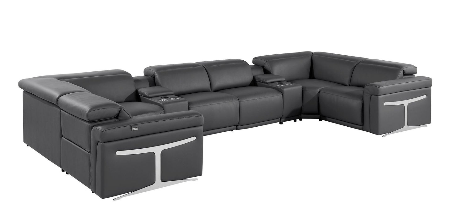 Italian Leather Power Reclining U Shaped Eight Piece Sectional With Console - Dark Gray