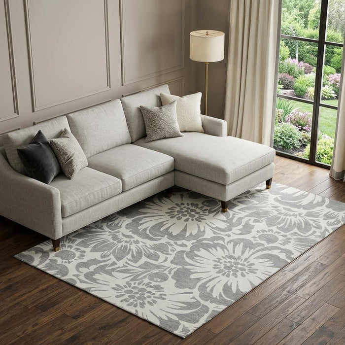 10' X 14' Floral Washable Area Rug With UV Protection (648652) - Gray / Ivory