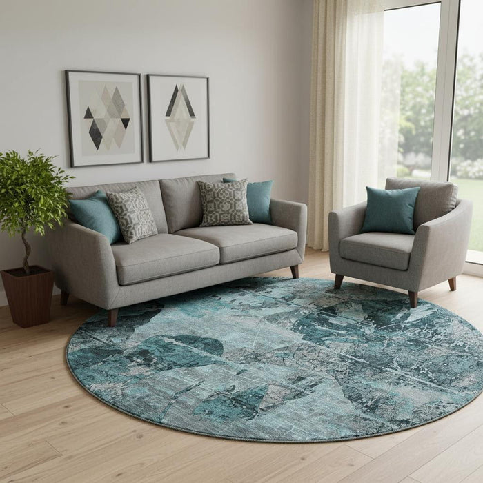 8' Abstract Washable Round Rug With UV Protection (648877) - Teal / Gray