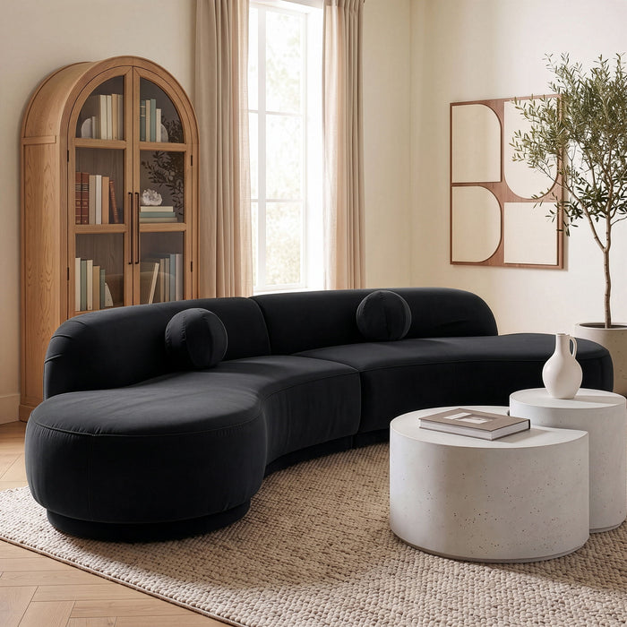 Avra velvet sectional sofa by Meridian Furniture featuring plush upholstery and a modern stationary design in a spacious layout.