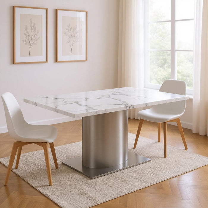 72" Marble And Stainless Steel Pedestal Base Dining Table - Gray / White