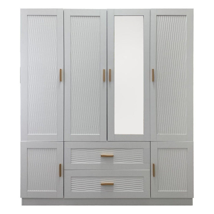 White 75-inch ribbed wood wardrobe with six doors and two drawers by HomeRoots, featuring a textured design and spacious storage.