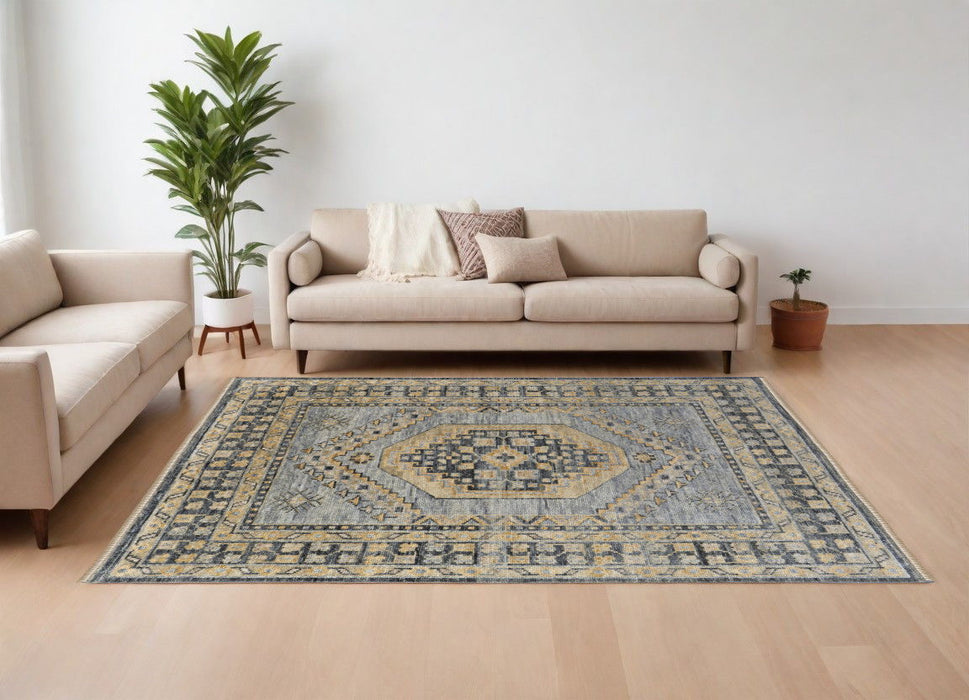8' x 10' Wool Oriental Hand Knotted Area Rug With Fringe - Blue Gray And Tan