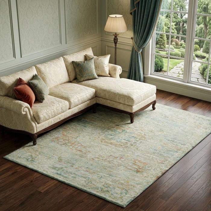 10' X 14' Floral Medallion Washable Area Rug With UV Protection (695576) - Sage / Blue / Copper