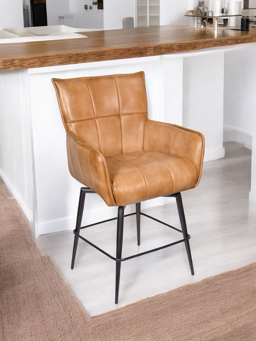 Genuine Leather Iron Counter Height Swivel Bar Chair - Tan / Black