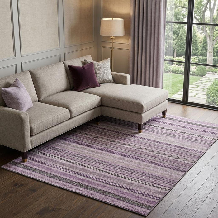 10' X 14' Striped Washable Area Rug With UV Protection (695198) - Plum / Gray