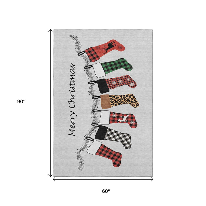 5' X 8' Christmas Stockings Washable Area Rug With UV Protection (646429) - Gray / Red / Green