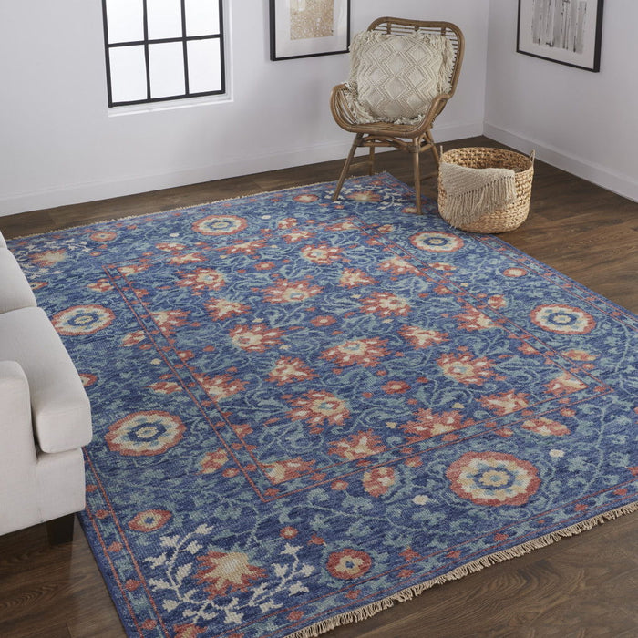 8.5' x 11.5' Wool Floral Hand Knotted Stain Resistant Area Rug - Blue And Red