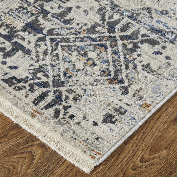 10' x 13' Abstract Power Loom Distressed Area Rug With Fringe - Ivory Gray And Taupe