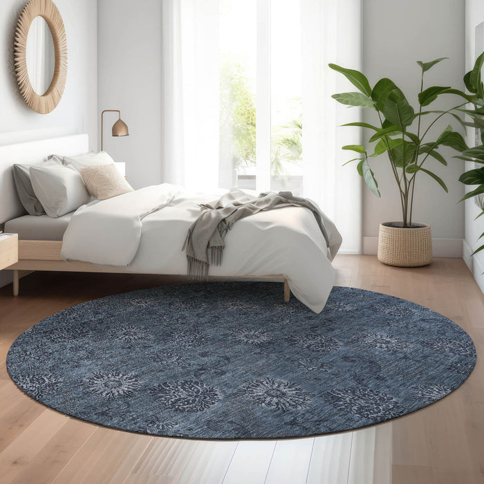 8' Floral Washable Round Rug With UV Protection - Blue And Ivory