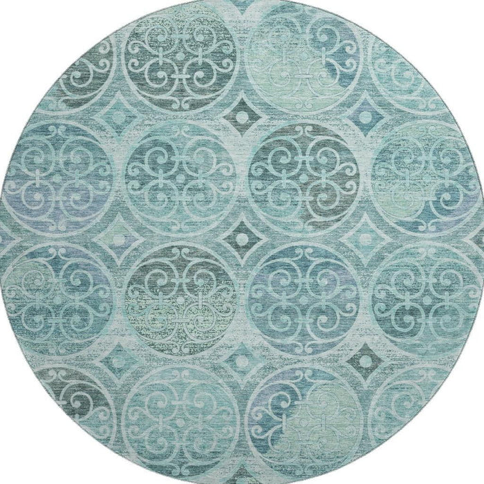 8' Medallion Washable Round Rug With UV Protection - Teal And Aqua