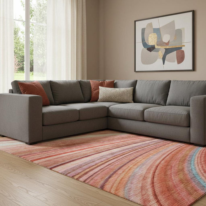 9' X 12' Striped Washable Area Rug With UV Protection (650361) - Terra Cotta / Blue / Ivory