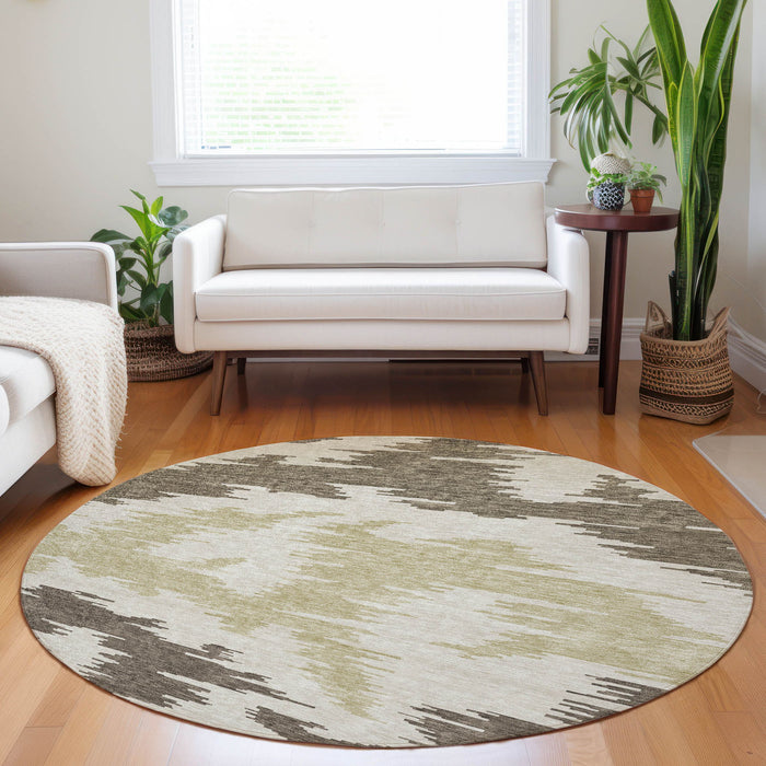 8' Transitional Abstract Washable Round Rug With UV Protection - Chocolate