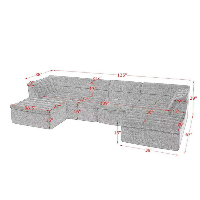 Upholstered L-Shaped Modular Sectional Sofa With Chaise, Wave-Shaped Armrest