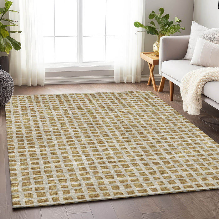 10' X 14' Transitional Geometric Washable Area Rug With UV Protection - Gold And Ivory