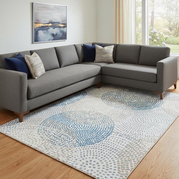 9' X 12' Abstract Washable Area Rug With UV Protection (650367) - Ivory / Blue