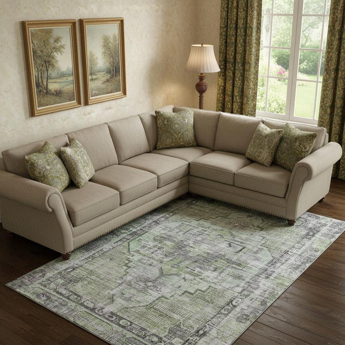 10' X 14' Oriental Washable Area Rug With UV Protection (699376) - Artichoke Green / Charcoal / Ivory