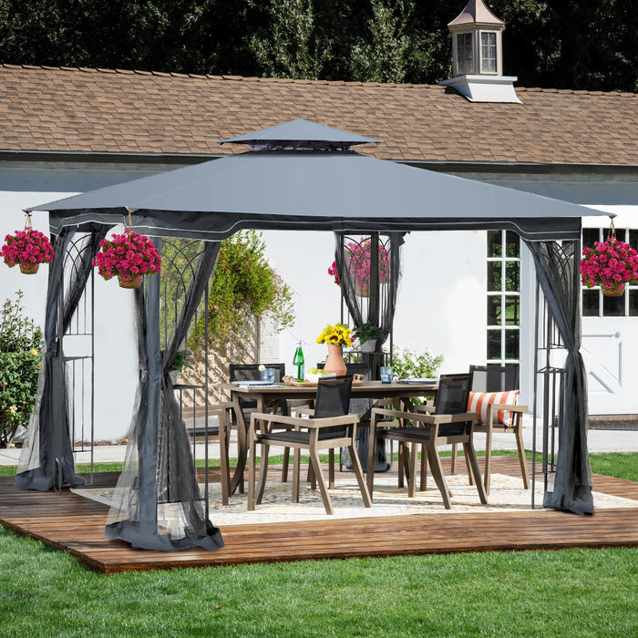 Giga patio gazebo tent with ventilated double roof and mosquito net for outdoor shade and insect protection.