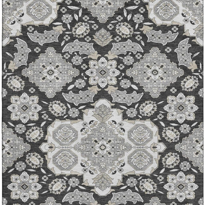 10' X 14' Floral Medallion Washable Area Rug With UV Protection (705833) - Charcoal / Gray