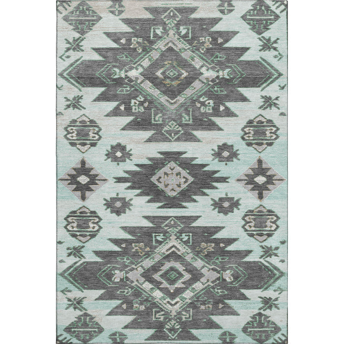 10' X 14' Tribal Washable Area Rug With UV Protection (709006) - Mint Green / Charcoal / Gray
