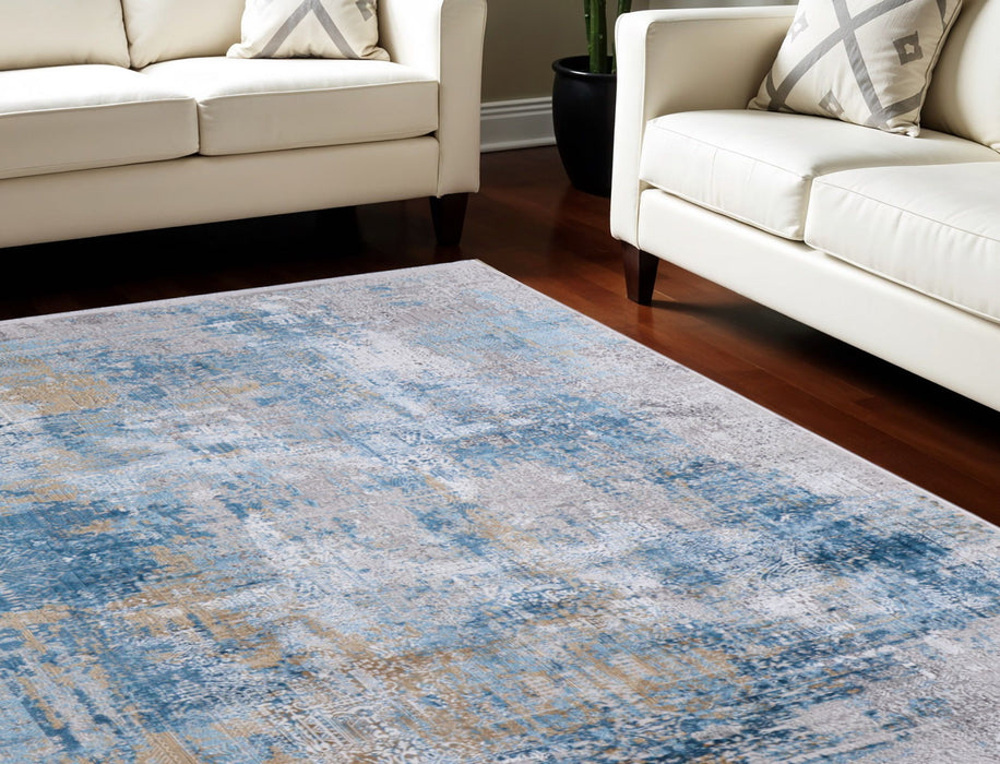 13' X 20' Abstract Power Loom Area Rug With Fringe - Blue