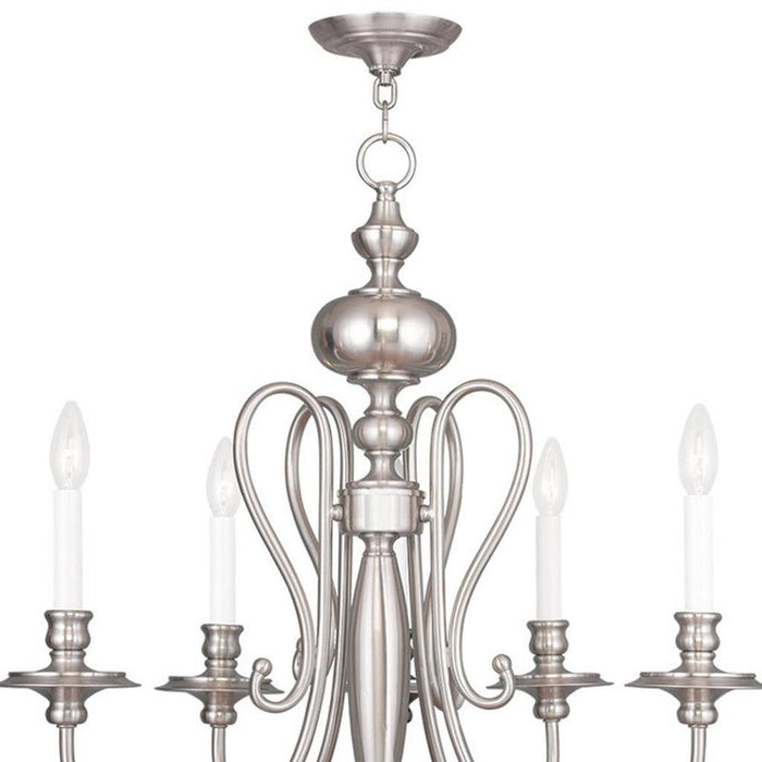 HomeRoots 22-inch five-light metal chandelier with shades in nickel and pearl silver finish, dimmable for elegant lighting.