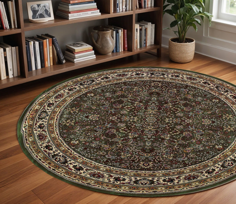 8' Oriental Round Rug - Green And Ivory