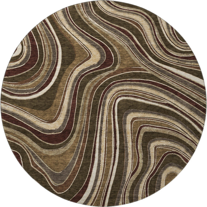 8' Marble Washable Round Rug With UV Protection - Brown