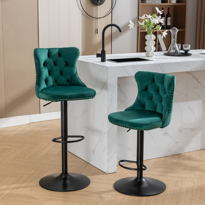 Set of 2 Giga swivel barstools with adjustable height, upholstered tufted backs, modern design for home, pub, or kitchen island.