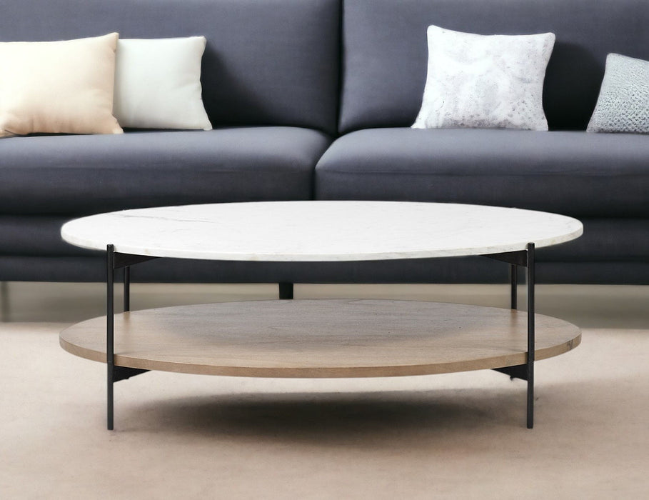 Oval Marble Top And Black Metal Base Coffee Table W Wood Shelf - White