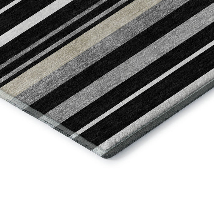 10' X 14' Striped Washable Area Rug With UV Protection (669901) - Black / Ivory / Gray