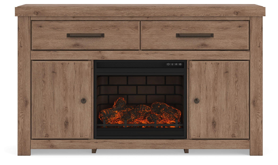 Signature Design by Ashley Garistyn TV stand with built-in fireplace option, featuring wood finish and modern storage compartments.