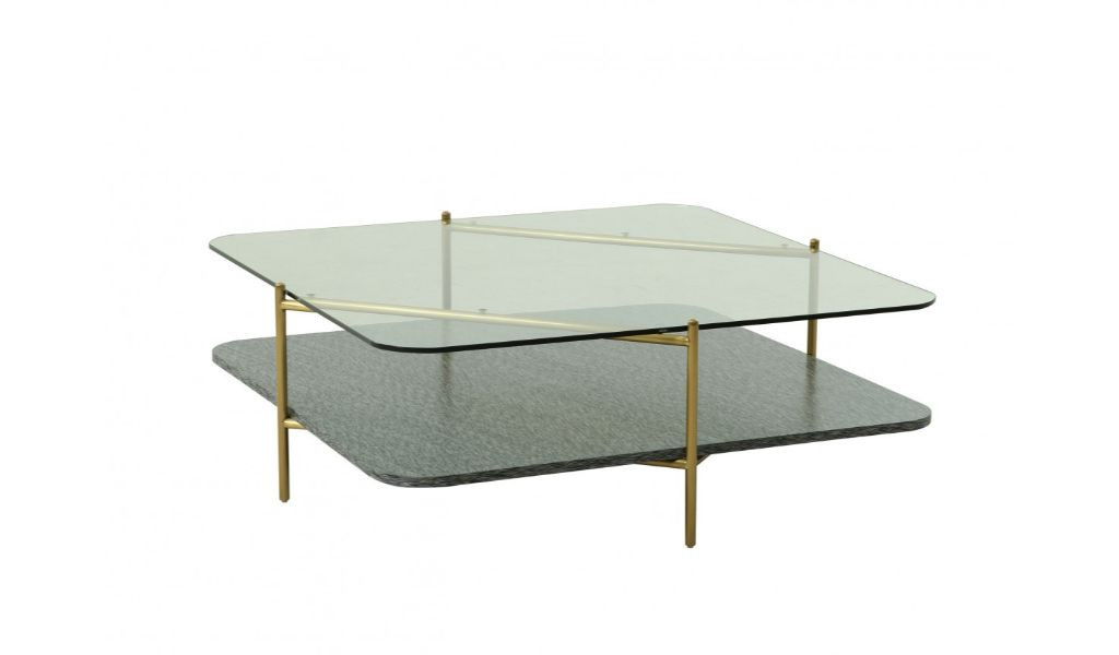 Glass Square Coffee Table With Shelf - Gold And Clear