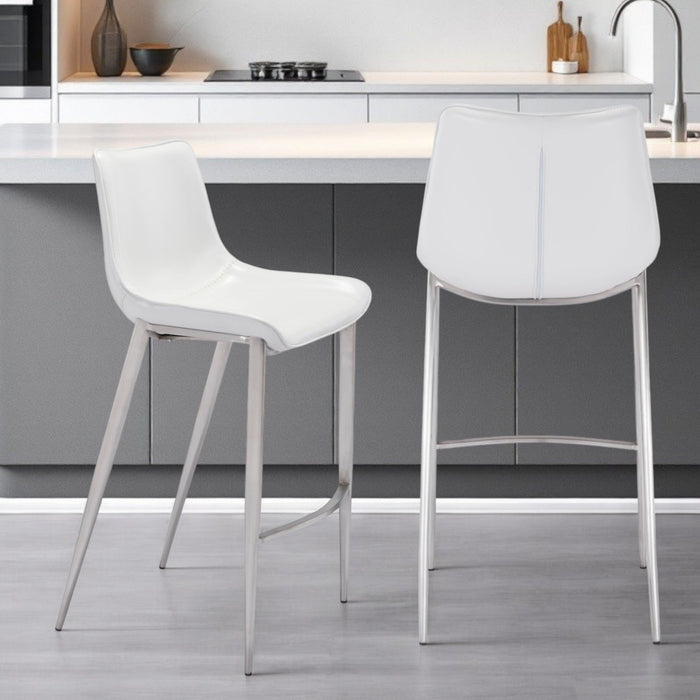 Set of two White and Silver steel low back bar height chairs by HomeRoots, featuring modern design and sturdy metal construction.
