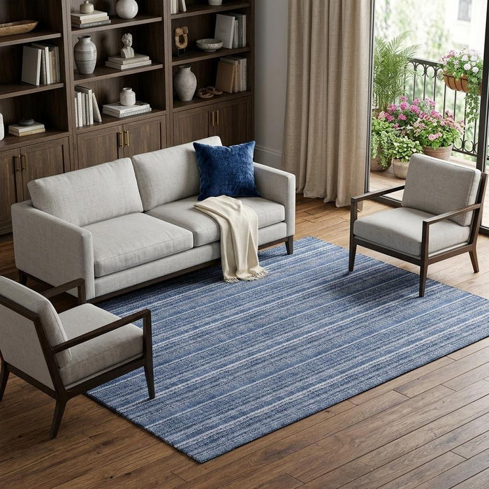 10' X 14' Striped Washable Area Rug With UV Protection (677543) - Denim Blue / Ivory