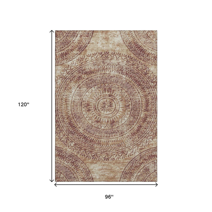 8' X 10' Medallion Washable Area Rug With UV Protection (644902) - Burnt Sienna / Ivory