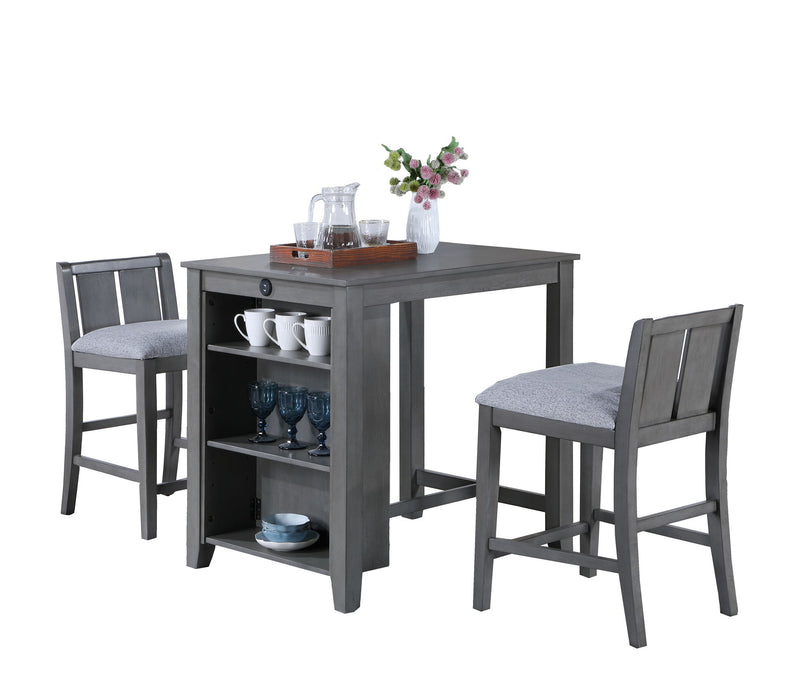 Giga Graham 3-piece small space counter-height dining table set with two chairs and built-in shelves for compact dining areas.