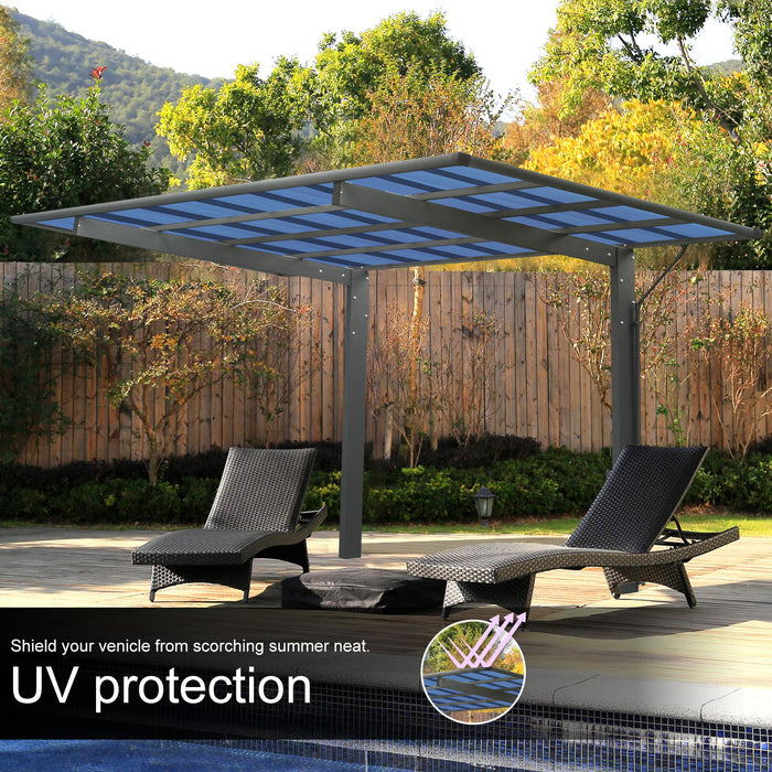 Giga outdoor single carport with aluminum frame and polycarbonate panels, charcoal color, providing shelter for a car or truck in driveway