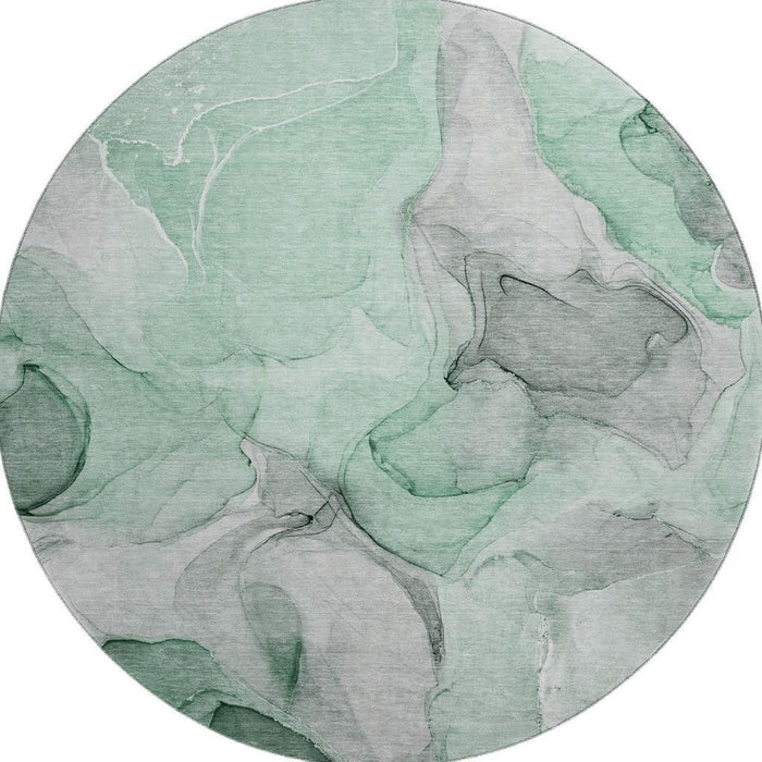 8' Abstract Washable Round Rug With UV Protection (646719) - Green / Gray / Ivory