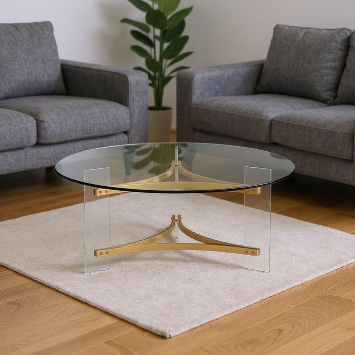 41" Clear And Glass Acrylic And Brass Round Coffee Table - Gold