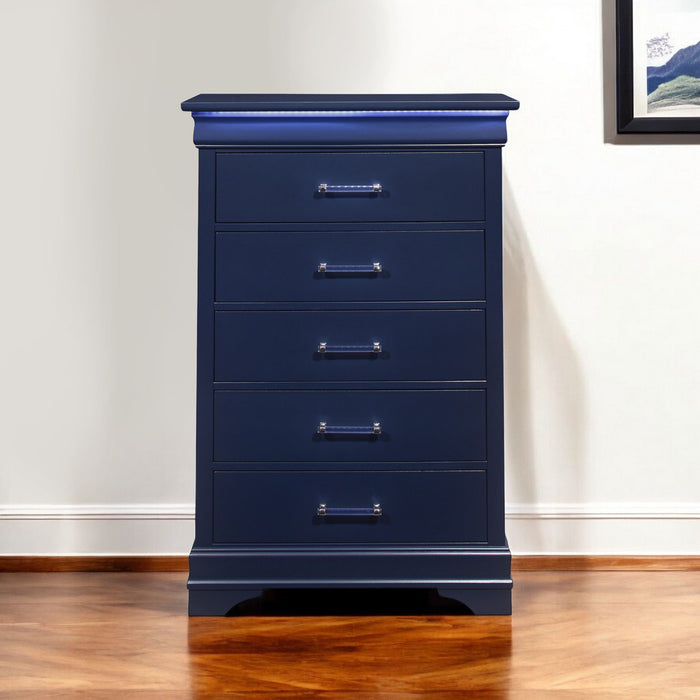Solid Wood Five Drawer Chest With Led Lighting - Blue
