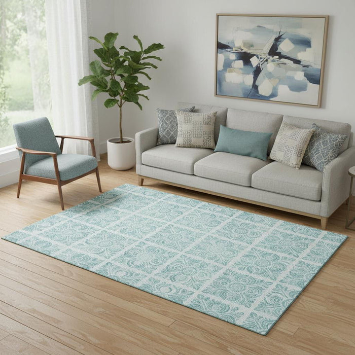 5' X 8' Medallion Washable Area Rug With UV Protection (667803) - Turquoise / Ivory