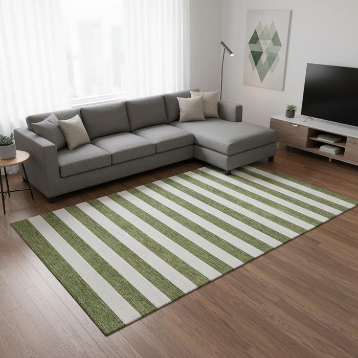 10' X 14' Striped Washable Area Rug With UV Protection (647620) - Olive Green / Ivory