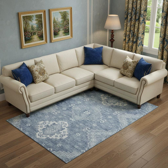 10' X 14' Medallion Washable Area Rug With UV Protection (667408) - Blue / Ivory