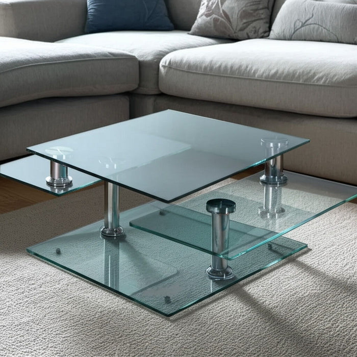 HomeRoots 32-inch clear glass and metal coffee table with three silver shelves, modern design for living room decor