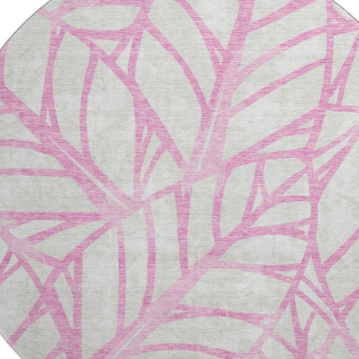 8' Floral Washable Round Rug With UV Protection - Pink And Beige
