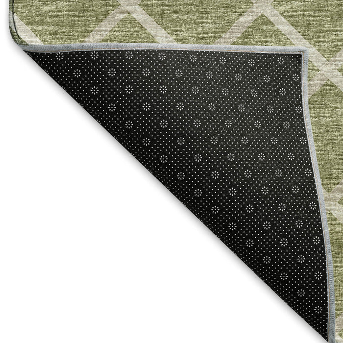 10' X 14' Geometric Washable Area Rug With UV Protection - Artichoke Green / Ivory