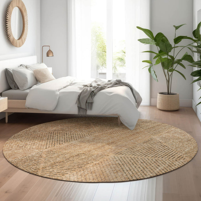 8' Geometric Washable Round Rug With UV Protection - Copper And Brown